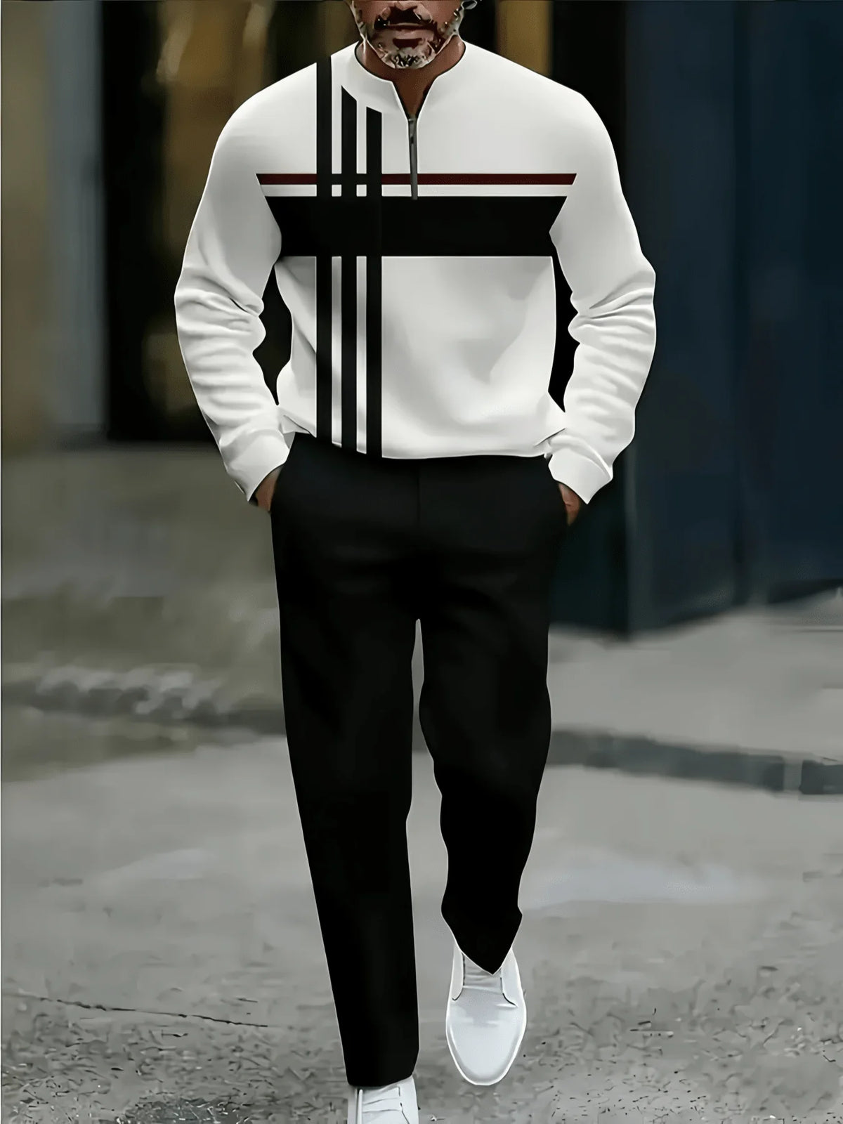 Mens Polyester 3D Print Sportswear Set Zipper Top Long Pants
