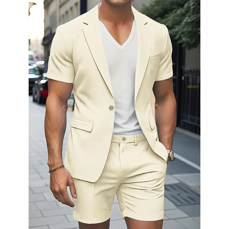 Men's Suit Summer Casual Suit 2 Piece Short Sleeve Suit Blazer 5 Inch Dress Shorts for Beach Weddings Suit Casual Occasions