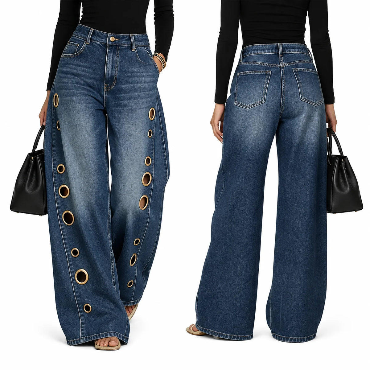 Women High Waist Wide Leg Cutout Denim Jeans With Pockets
