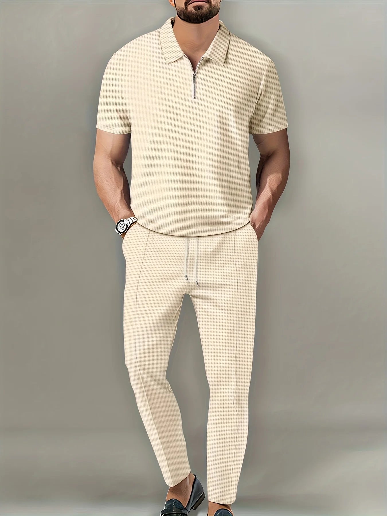 Men's Waffle Lapel Short Sleeve Zipper Pants Set Casual Wear