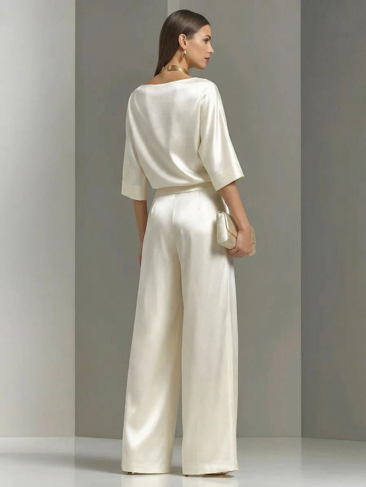 Women Cowl Neck Top With Matching Wide Leg Pants Outfit