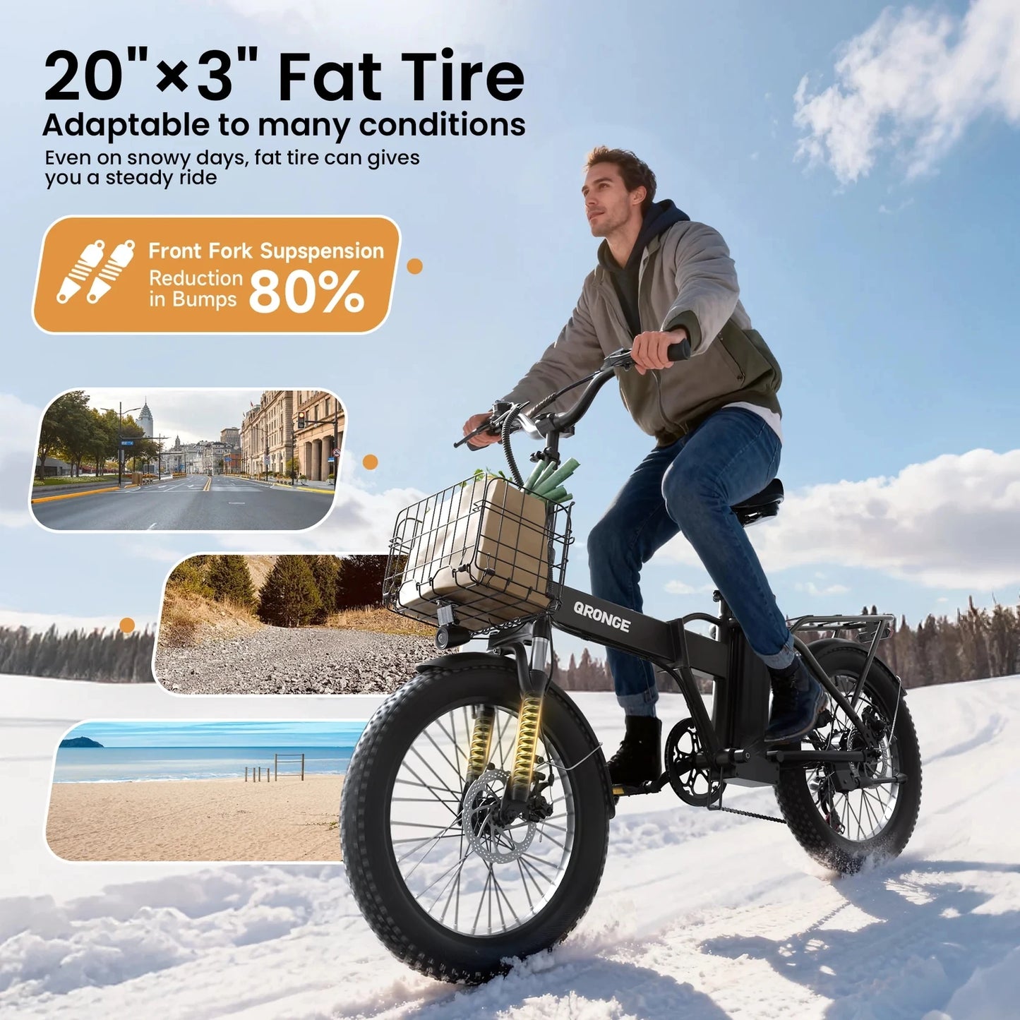 QRONGE Waterfall Folding Electric Bike 1000W Peak 48V Removable Battery