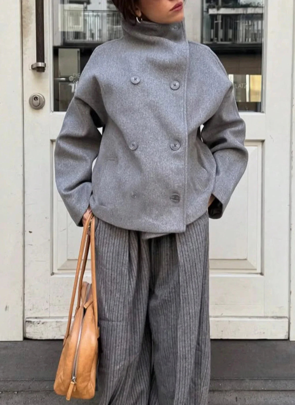 Womens Elegant Double Breasted Stand Collar Jacket With Button Detail