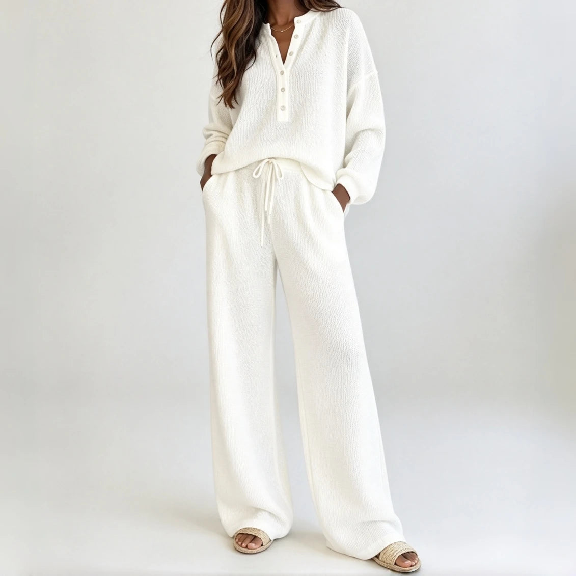 SCACTO Women's Waffle Knit Henley Lounge Set And Wide-Leg Pants