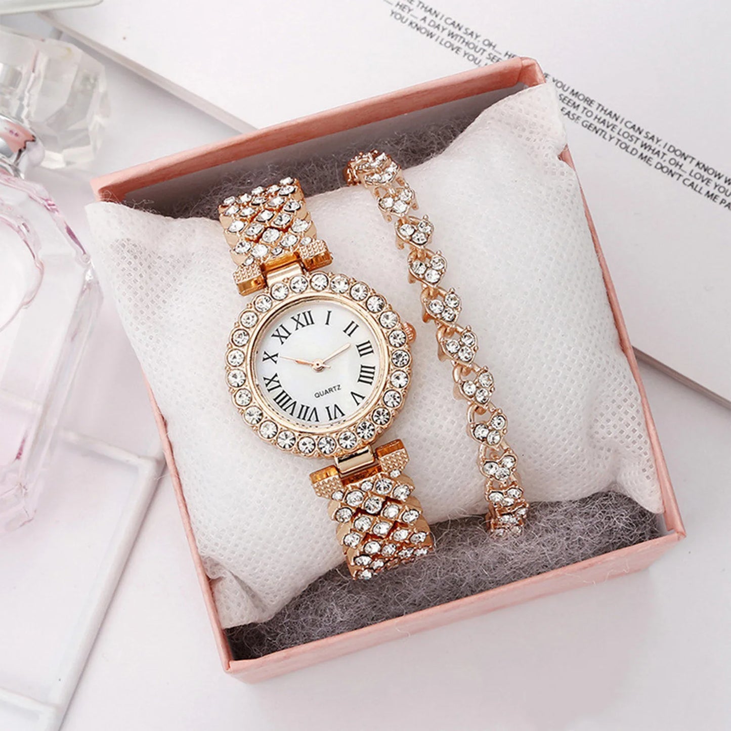 Crystal Diamond Women Watches Set Two Piece Rhinestone Bracelet Gift