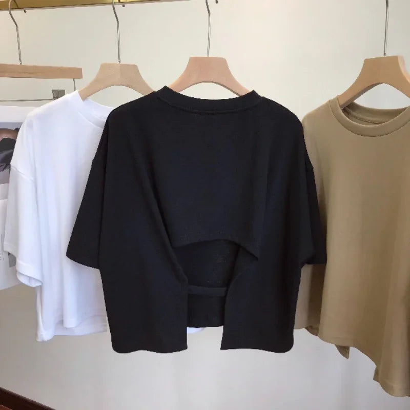 Dawndesslo Backless Summer Crop Top For Women Round Neck Tee