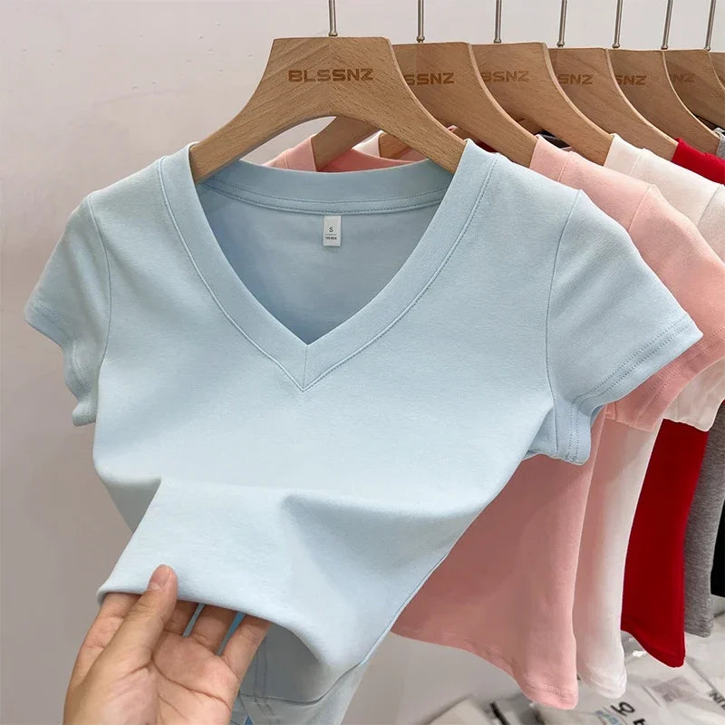 Summer Sexy V-neck Slim T Shirt Women Cotton Basic Solid Crop Tops Female Casual Tops Short Sleeve T-shirts 2026