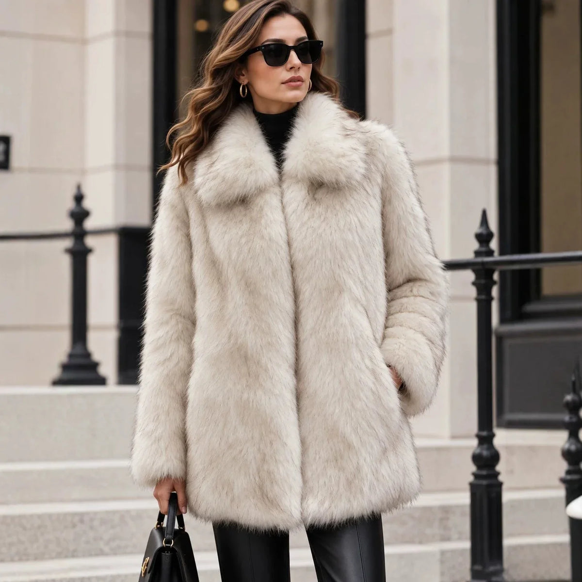 Women's Elegant Faux Fur Lapel Coat With Plush Warmth