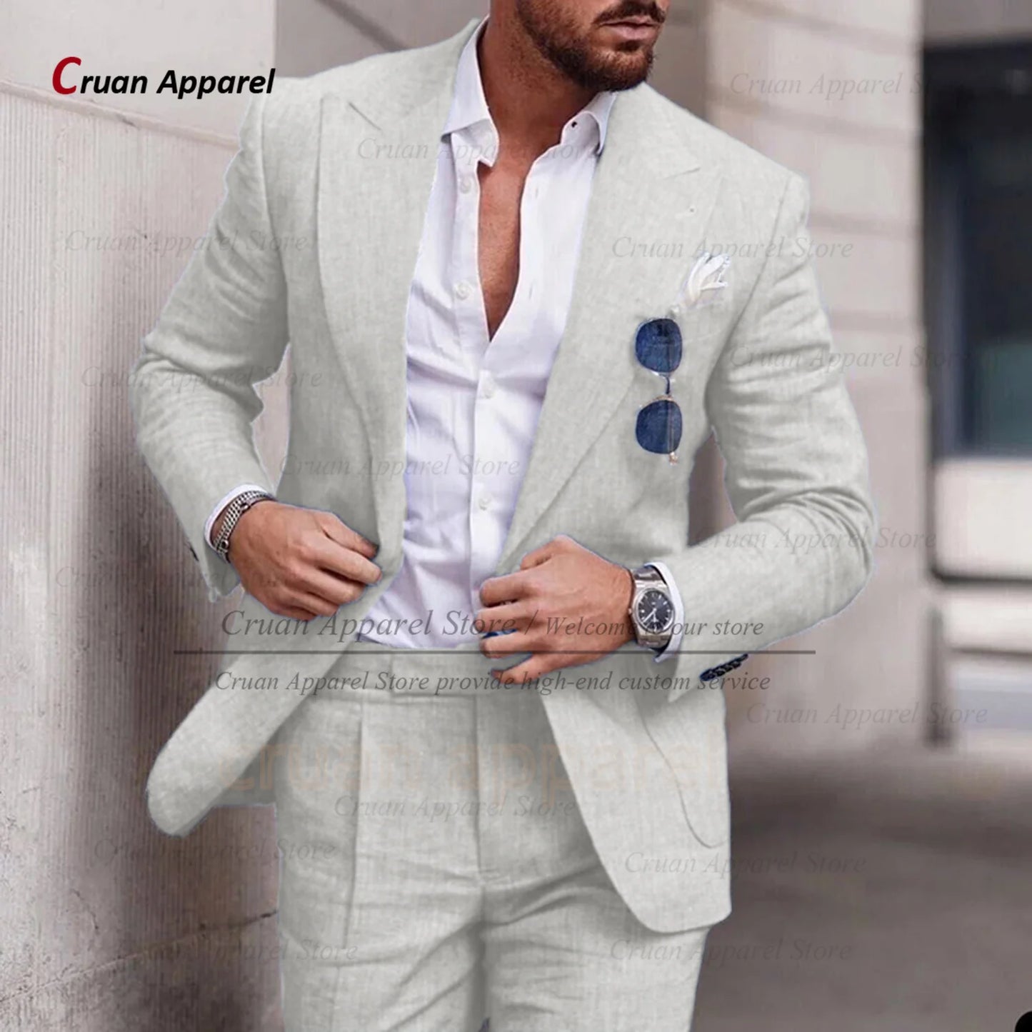 Men's Linen Suit Set With Peaked Lapel Blazer Pants
