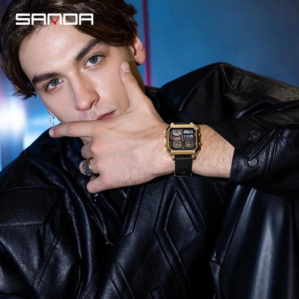 Sanda Men Electronic Watch With Temperature Gauge And Steel Case