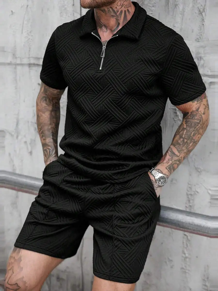 Mens 3D Textured Zipper Polo Casual Two Piece Summer Outfit