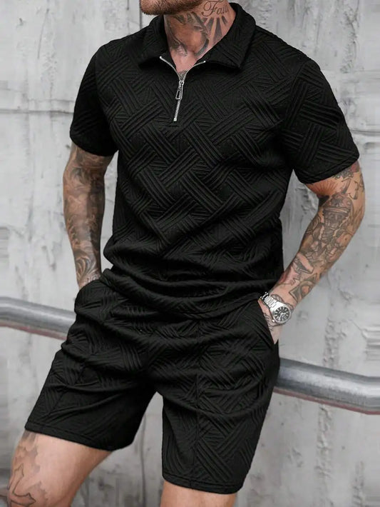 Mens 3D Textured Zipper Polo Casual Two Piece Summer Outfit