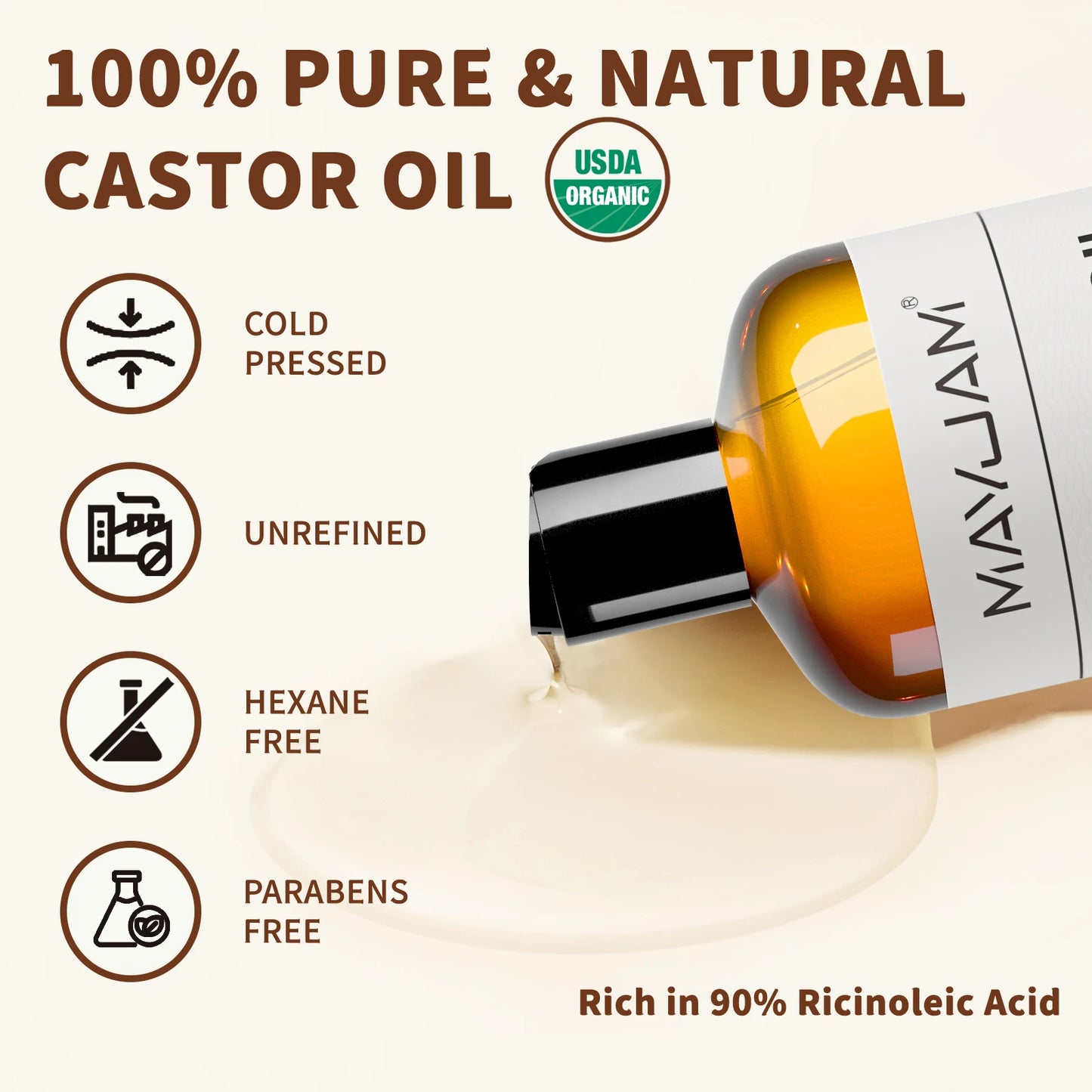MAYJAM Organic Castor Oil Cold Pressed Carrier Oil For Skin, Hair, Eyelashes