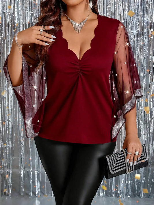 Womens Pearl Beaded Mesh Party Blouse With Scallop V Neck