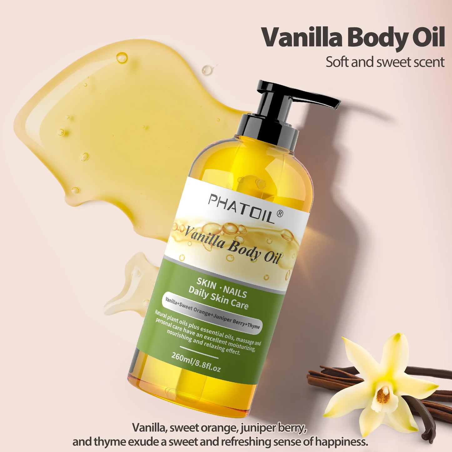 PHATOIL 260ml Body Oil For Skin Care Massage Oil Vanilla Ginger Grapefruit Basil Lavender Rosemary Rose Fragrance Body Oils