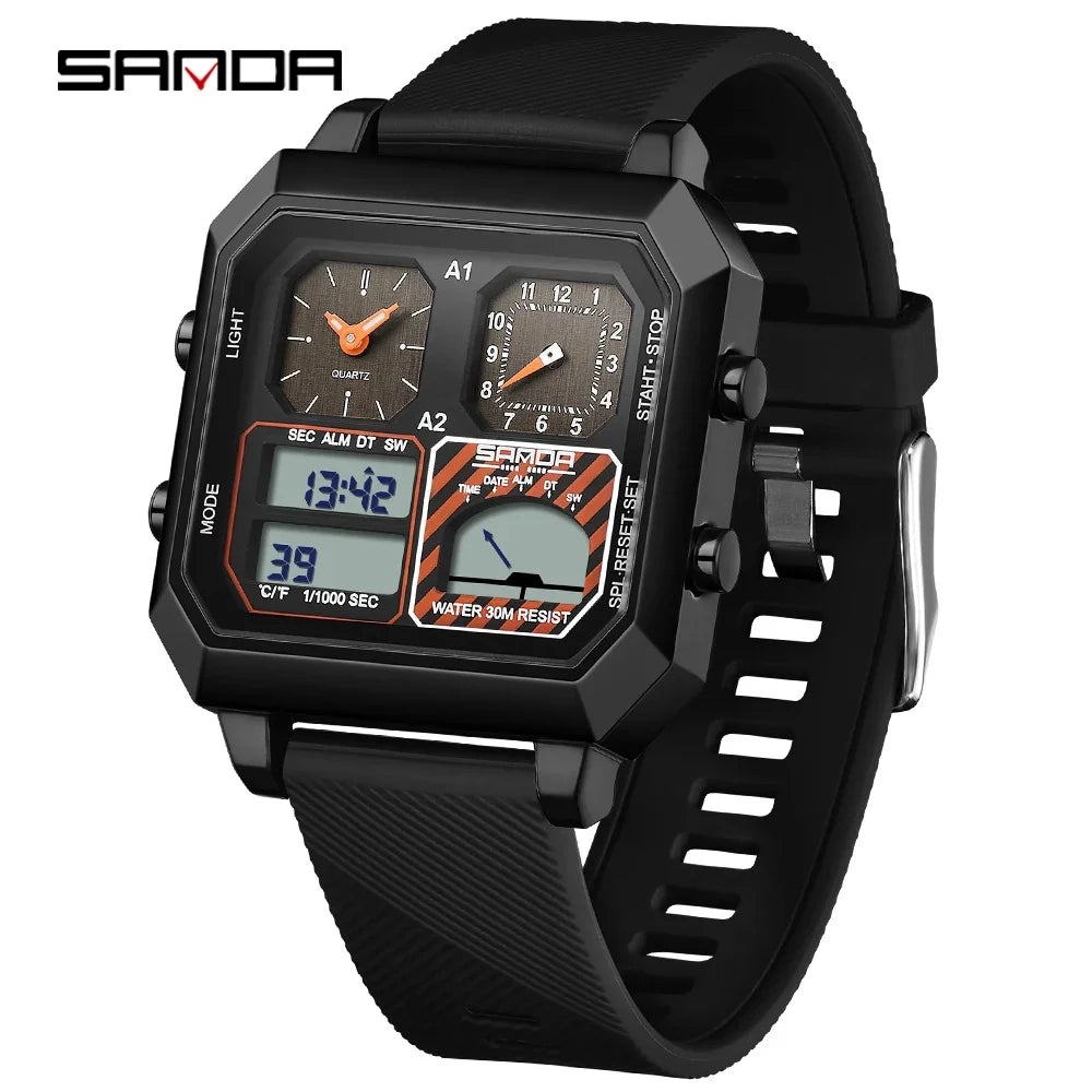 Sanda Men Electronic Watch With Temperature Gauge And Steel Case