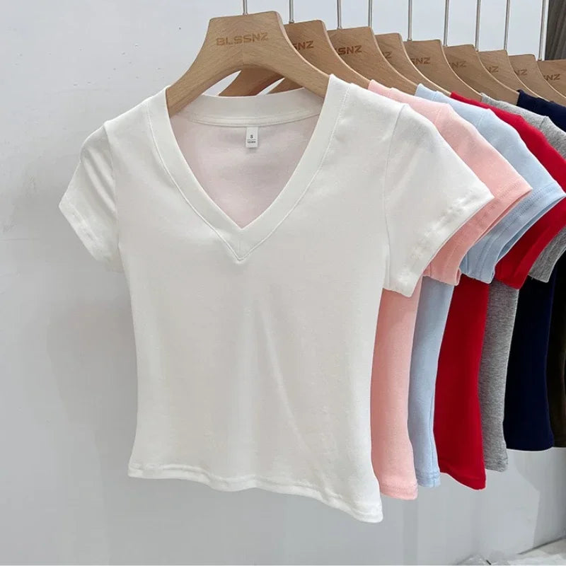 Summer Sexy V-neck Slim T Shirt Women Cotton Basic Solid Crop Tops Female Casual Tops Short Sleeve T-shirts 2026