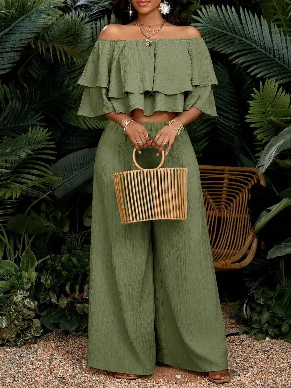 Womens Off Shoulder Ruffle Crop Top Wide Leg Pants Set