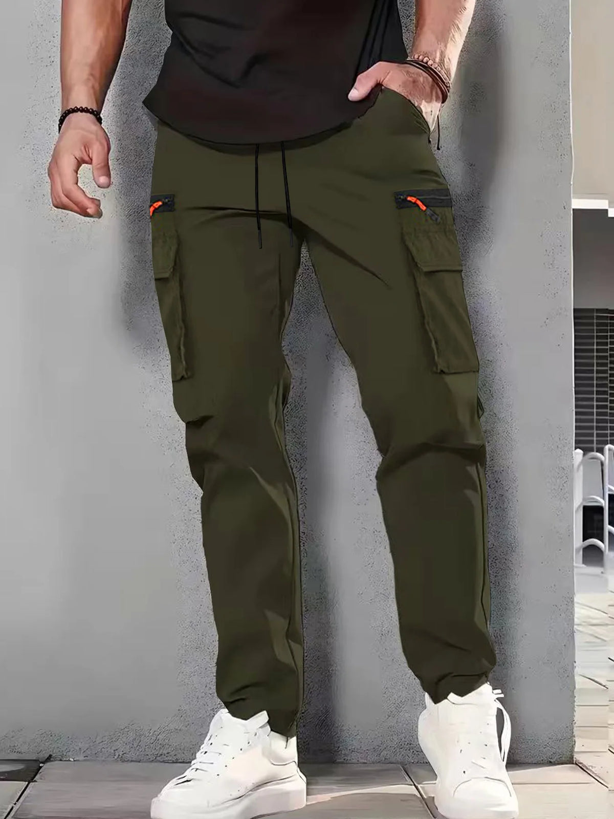Men's Zipper Cargo Pants With Multiple Pockets Straight Leg Fit