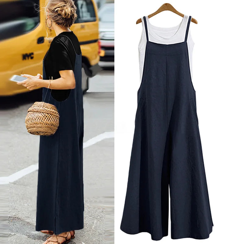 Women Cotton Blend Jumpsuit Sleeveless Wide Leg Dungaree Overalls