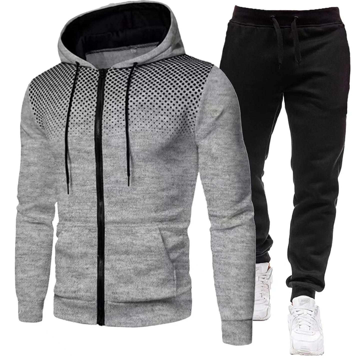 Fashion Print Tracksuit For Men Zipper Hooded Sweatshirt And Sweatpants
