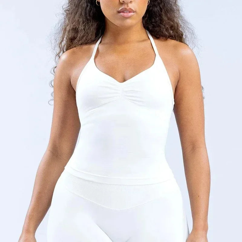 Women Open Back Halter Longline Sports Top Nylon Elastane Workout Yoga