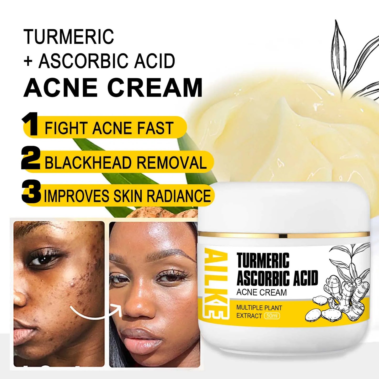 AILKE Organic Turmeric Skin Care Set, Brighten, Cleaning Skin, Remove Acne,Pimples, Whitening, Even Skin Tone, Improve Dry Skin