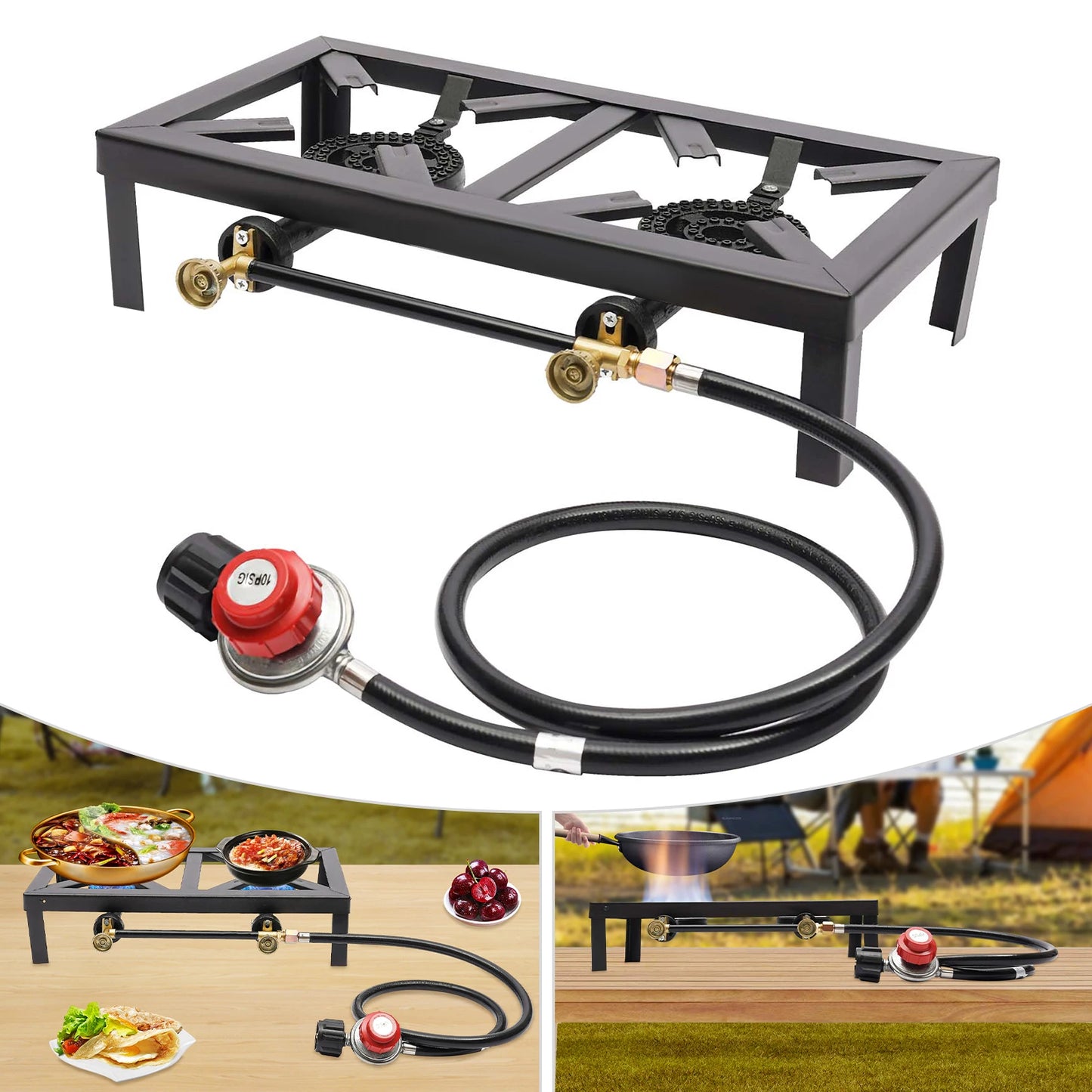 Portable Double Burner Outdoor Gas Stove Propane Cooker with Adjustable 0-10Psi Regulator Hose for Patio Camping, BBQ, Home