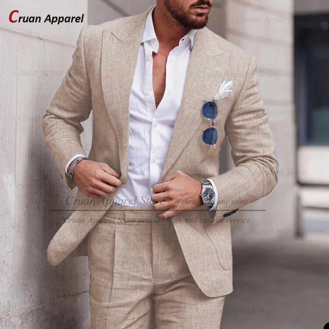 Men's Linen Suit Set With Peaked Lapel Blazer Pants