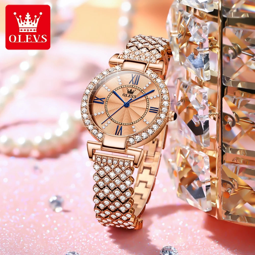 OLEVS Women's Quartz Watch With Diamond Strap And Roman Dial