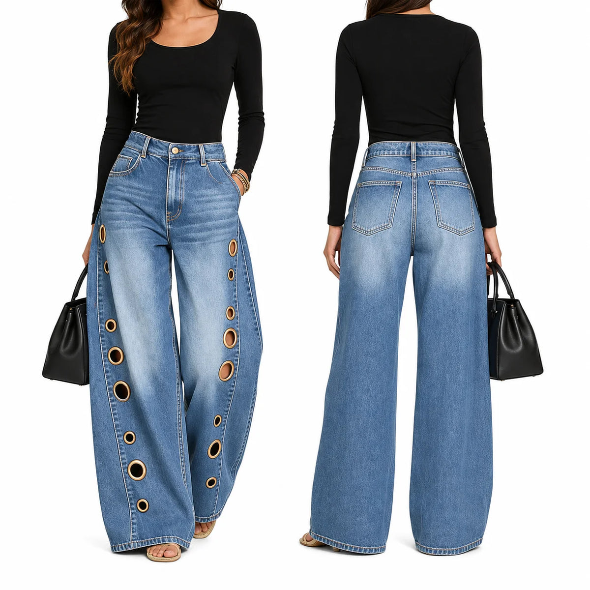 Women High Waist Wide Leg Cutout Denim Jeans With Pockets
