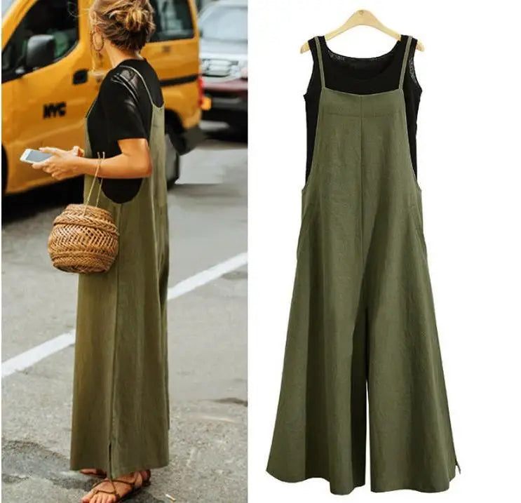 Women Cotton Blend Jumpsuit Sleeveless Wide Leg Dungaree Overalls