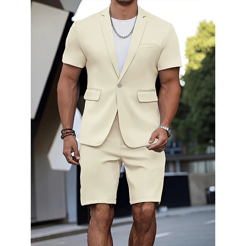 Men's Suit Summer Casual Suit 2 Piece Short Sleeve Suit Blazer 5 Inch Dress Shorts for Beach Weddings Suit Casual Occasions