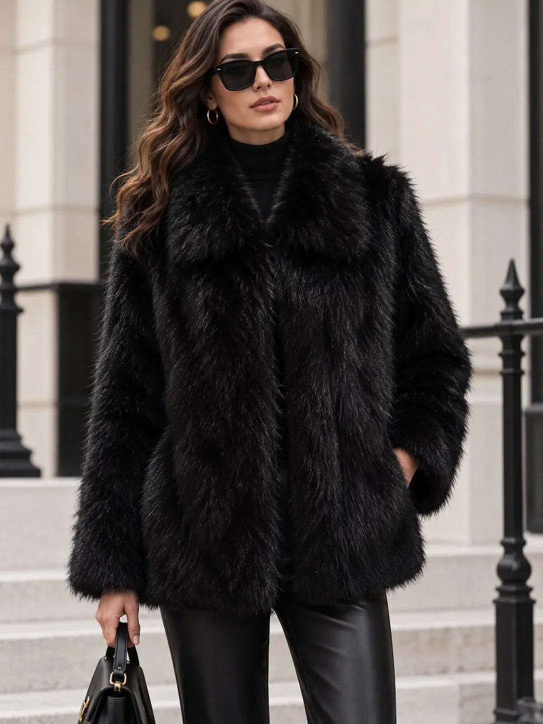 Women's Elegant Faux Fur Lapel Coat With Plush Warmth