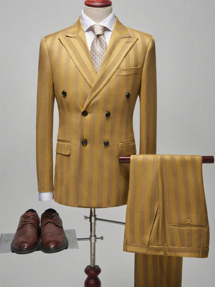 Men's Jacquard Two Piece Suit Set Slim Fit Double Breasted