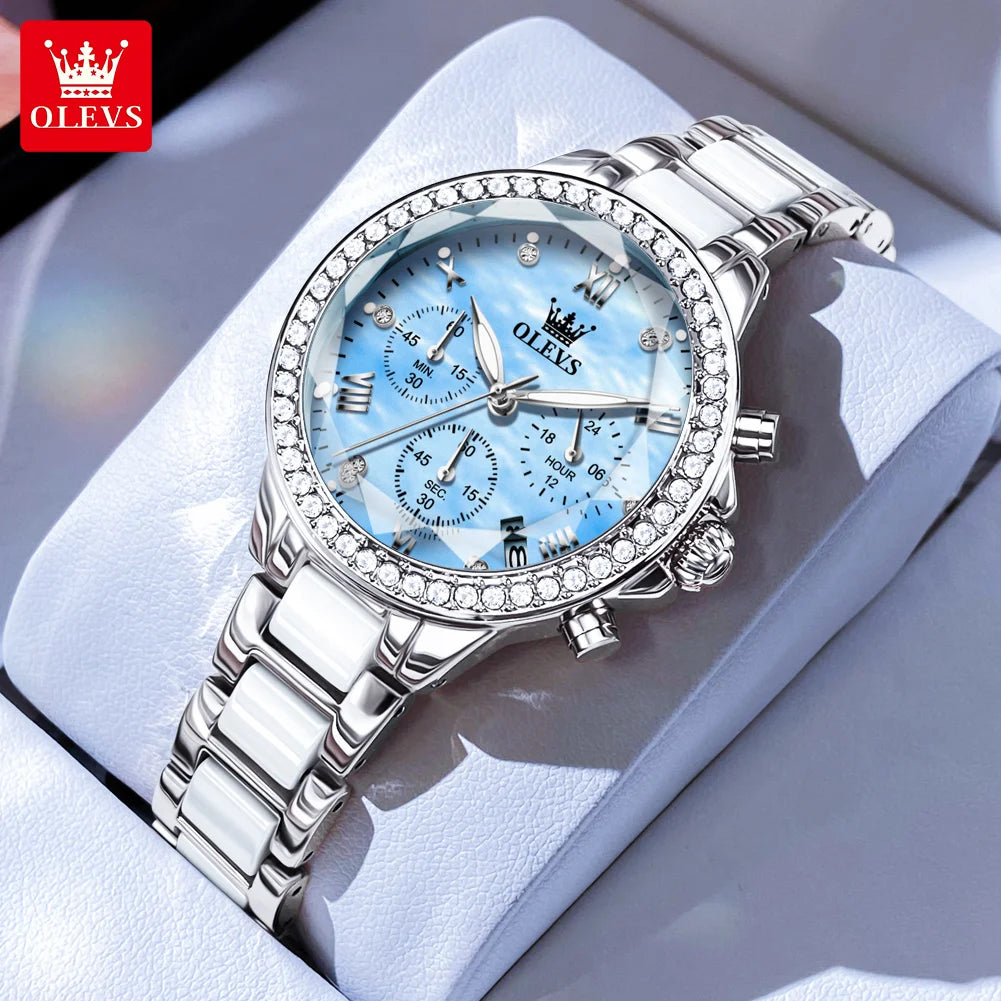 OLEVS Women Chronograph Ceramic Watch Waterproof Elegant Dress