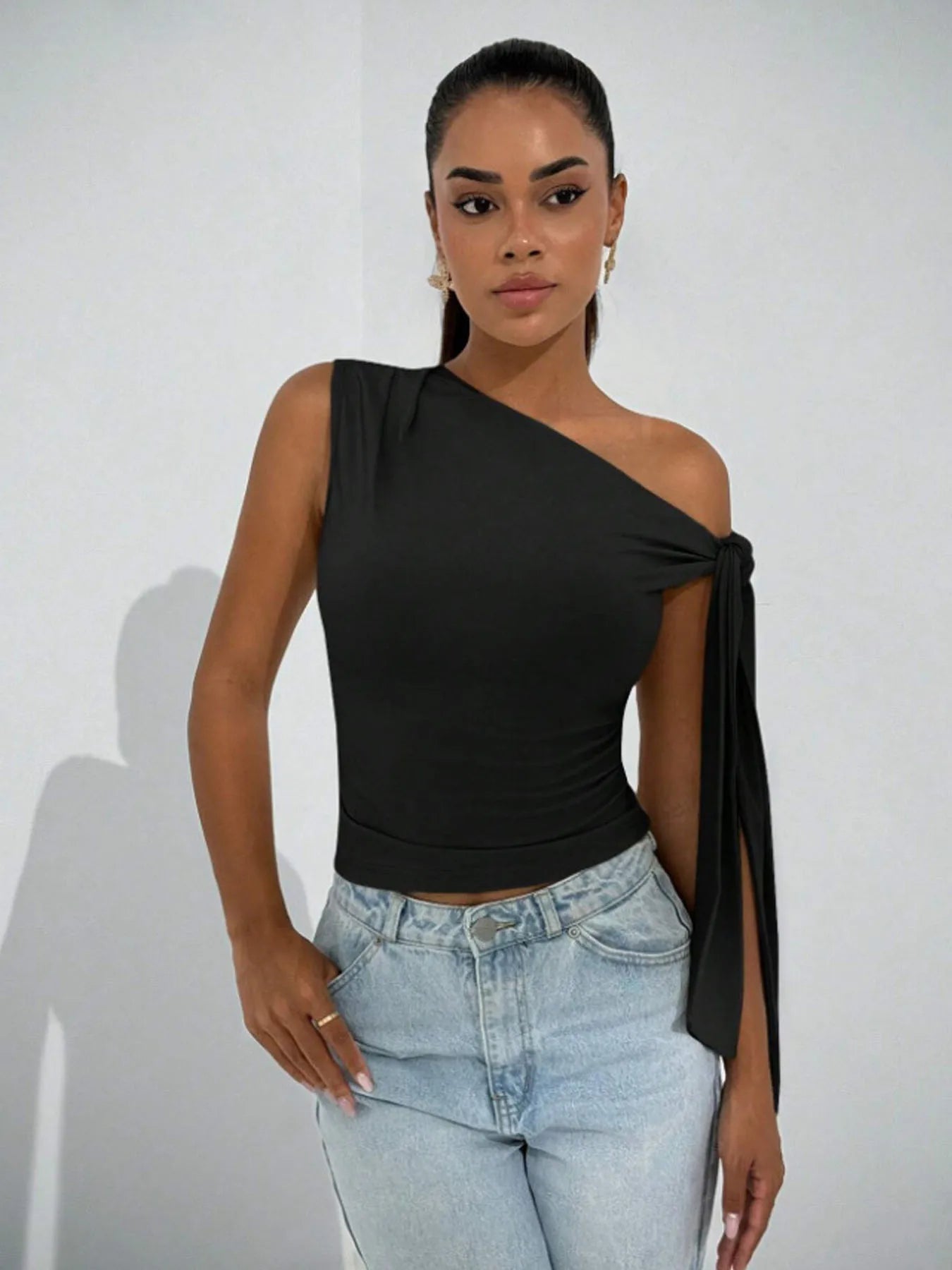 Guangdong Choice Women's Asymmetrical Neck Tie Blouse Sleeveless Top