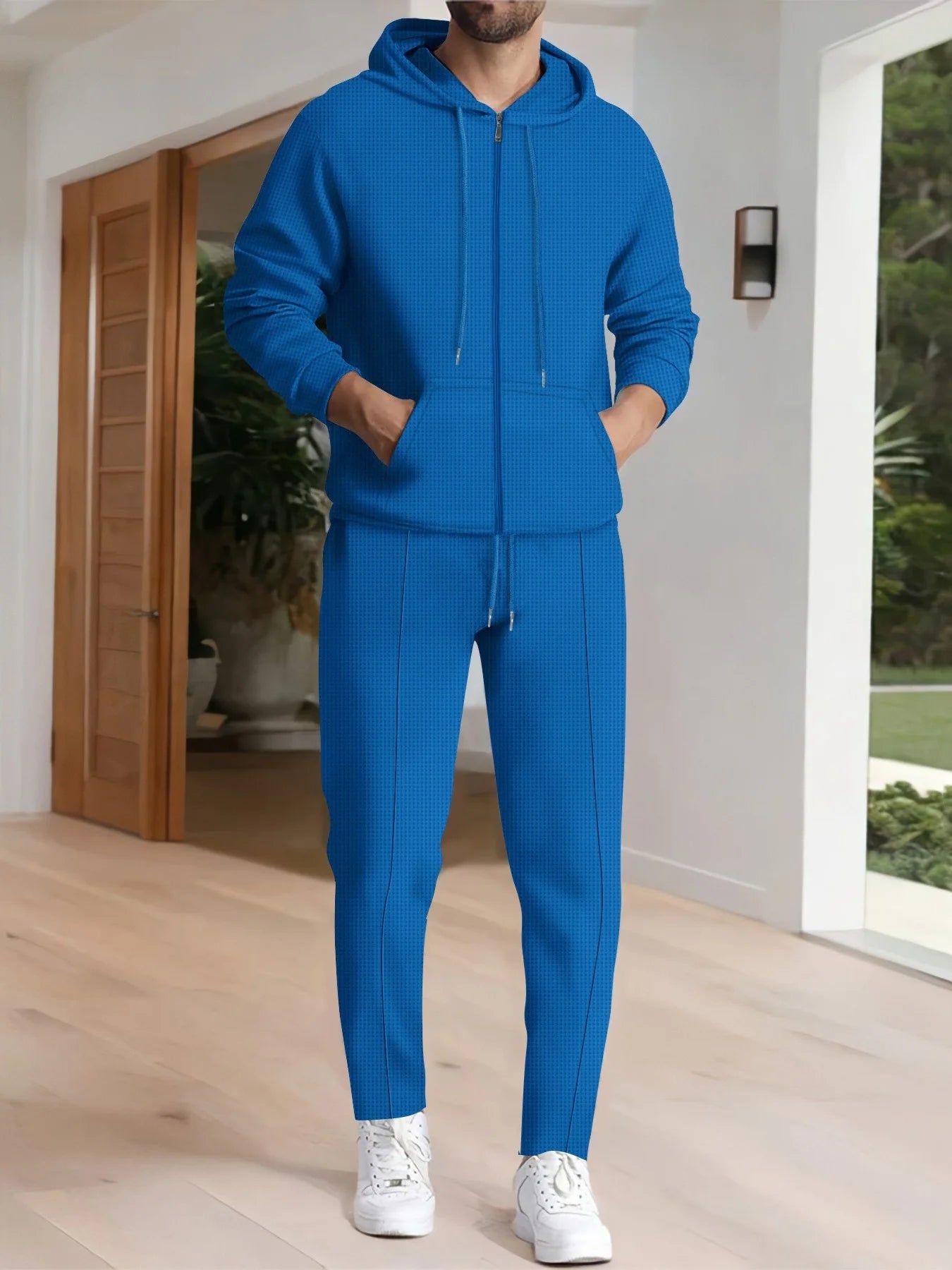 NONECN Spring Autumn Mens Waffle Tracksuit Set Hooded Jacket Pants