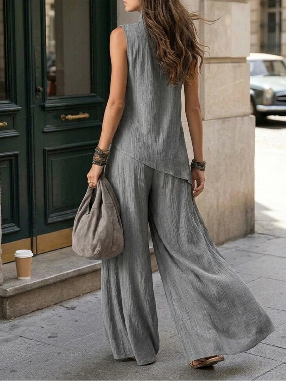Women's Mock Neck Sleeveless Top Wide Leg Pants Set
