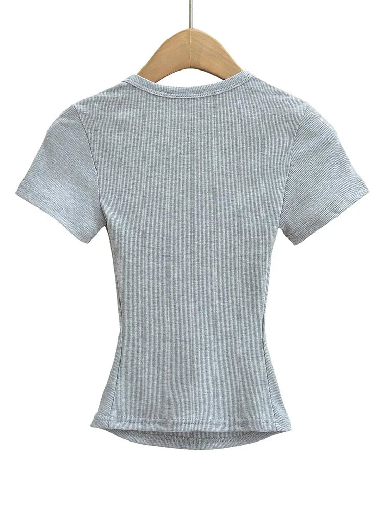 Dozw Square Collar High Stretch Summer Crop Top For Women Slim Fit Short Sleeve