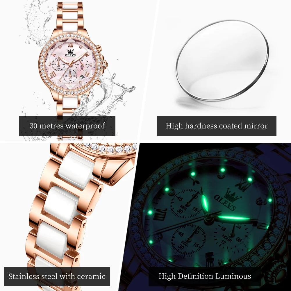 OLEVS Women Chronograph Ceramic Watch Waterproof Elegant Dress