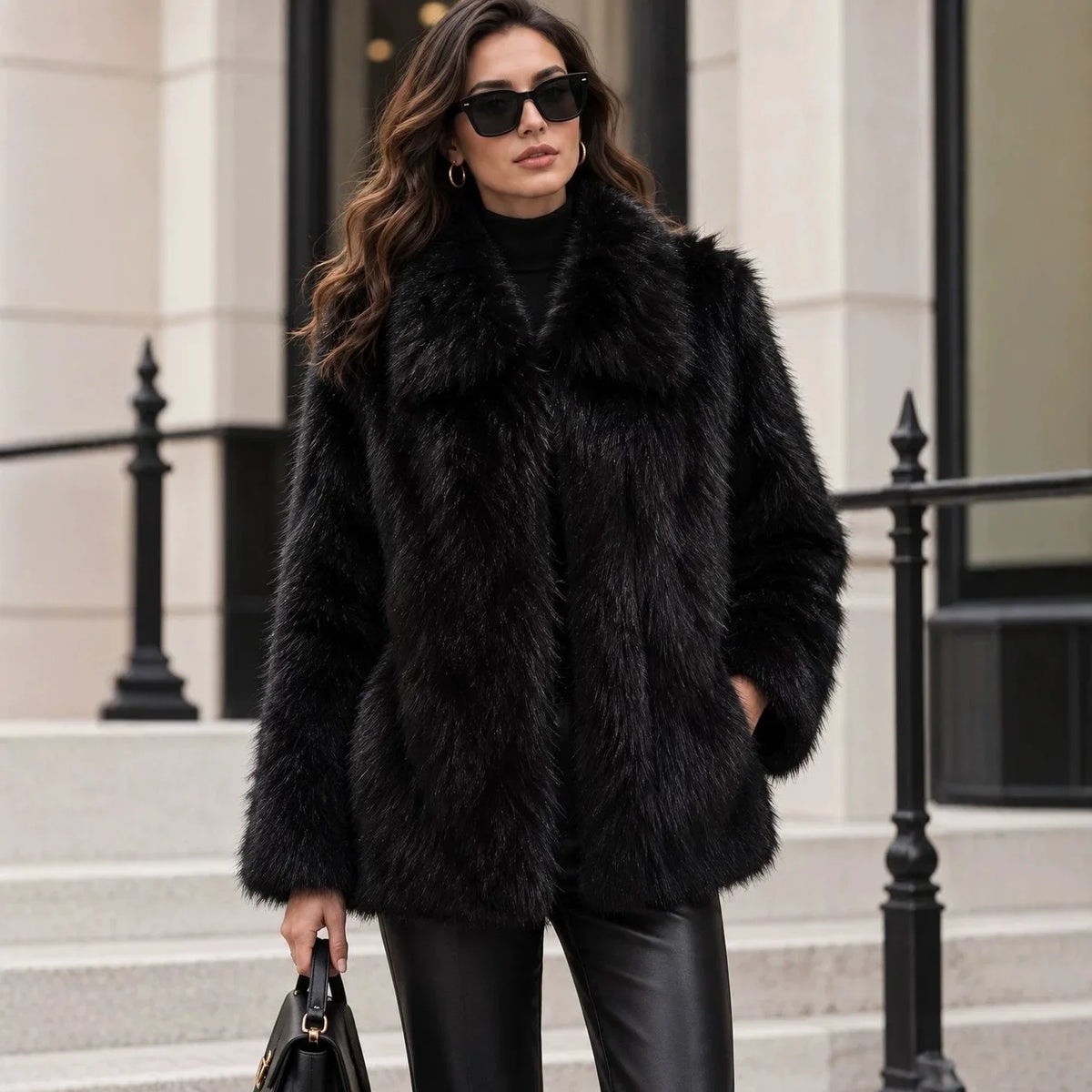 Women's Elegant Faux Fur Lapel Coat With Plush Warmth