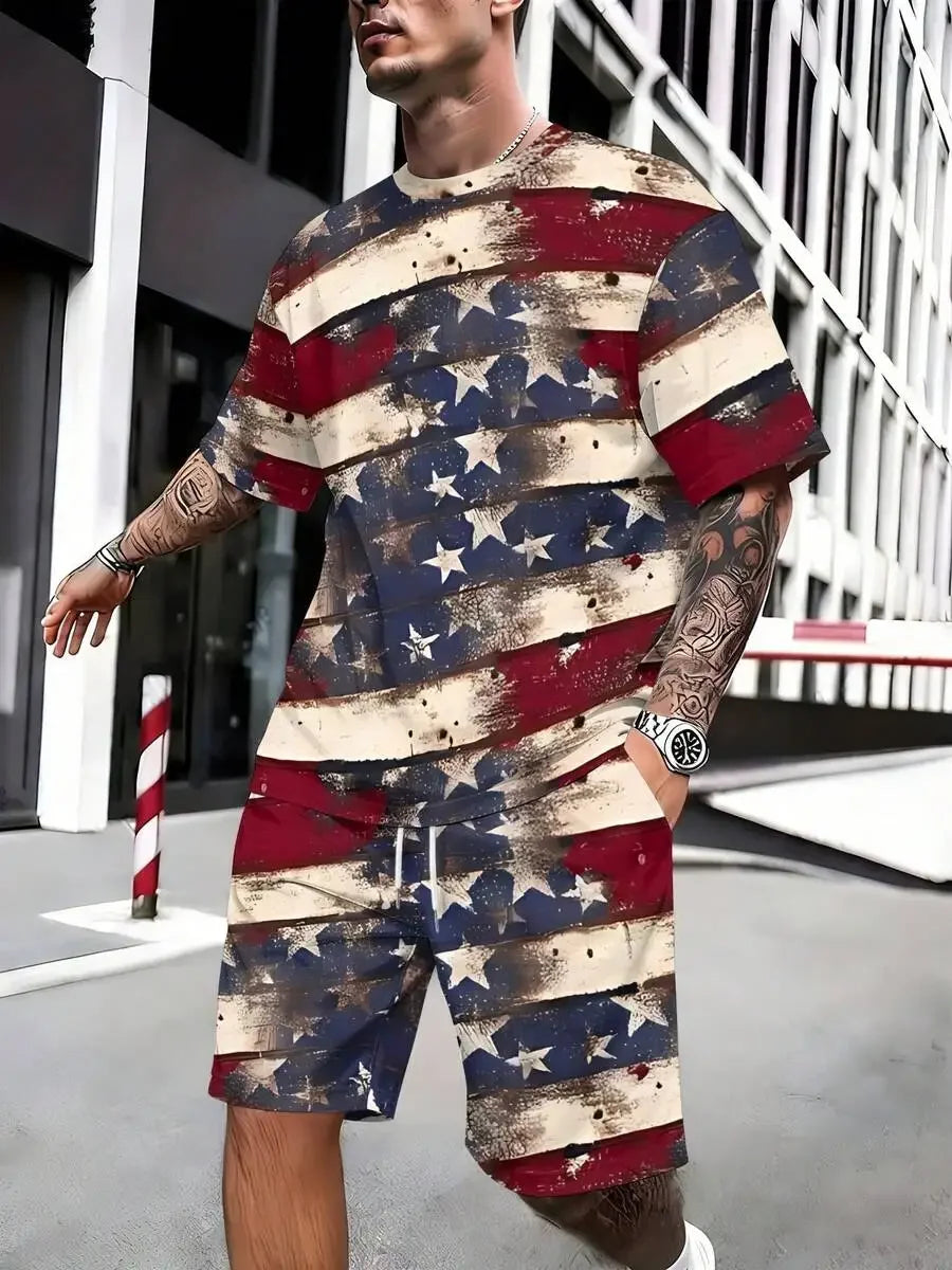 Vintage USA Flag Print Short Sleeve Tee And Shorts Set