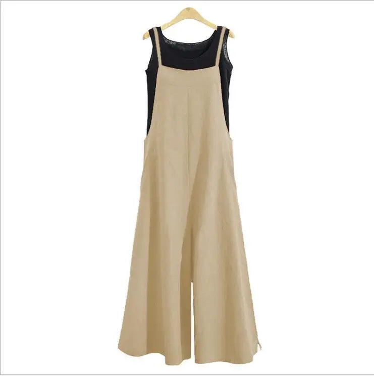 Women Cotton Blend Jumpsuit Sleeveless Wide Leg Dungaree Overalls