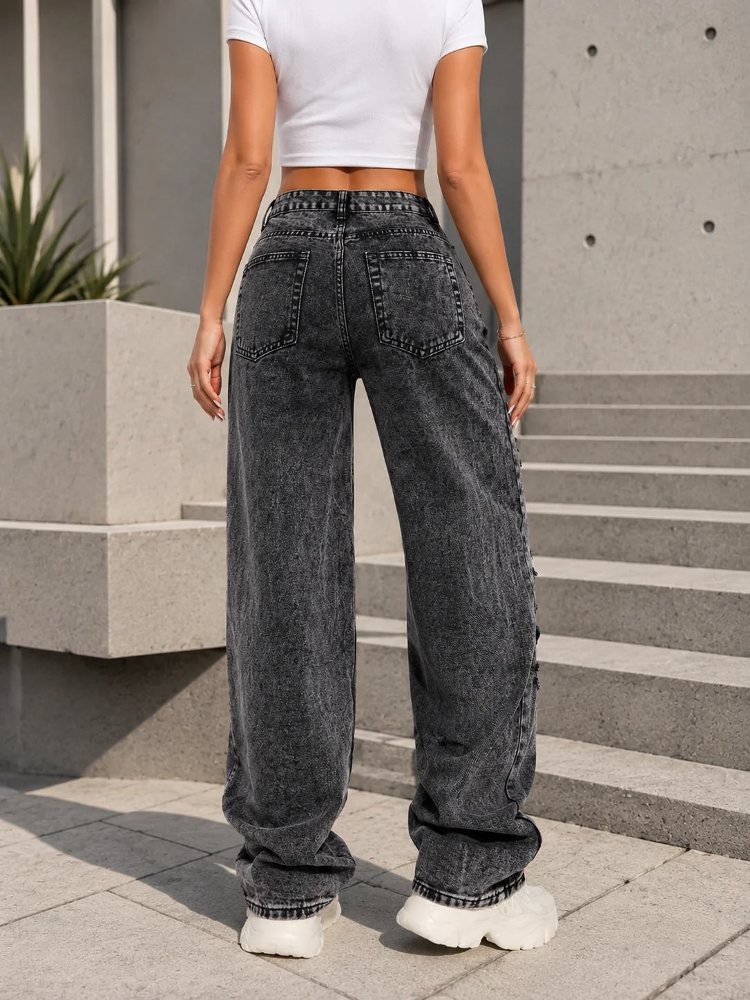 Women High Waist Straight Leg Jeans With Side Slit Pockets