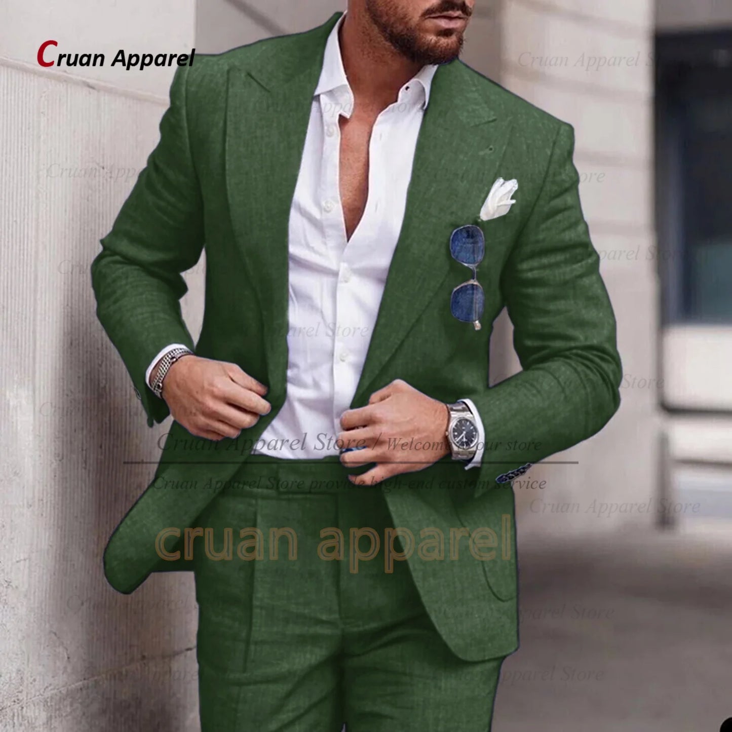 Men's Linen Suit Set With Peaked Lapel Blazer Pants