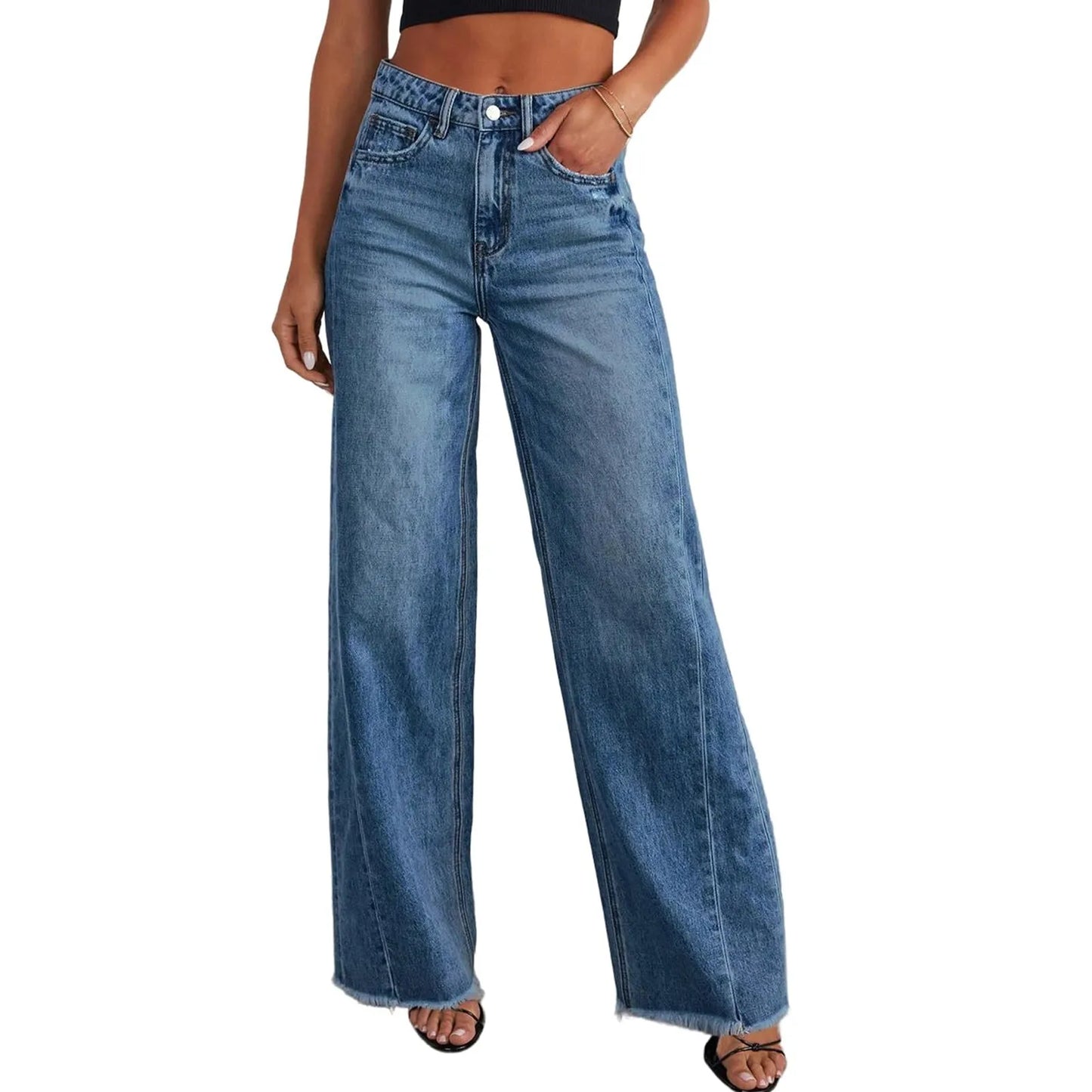 Women Wide Leg Jeans High Waist Denim Trousers With Pockets