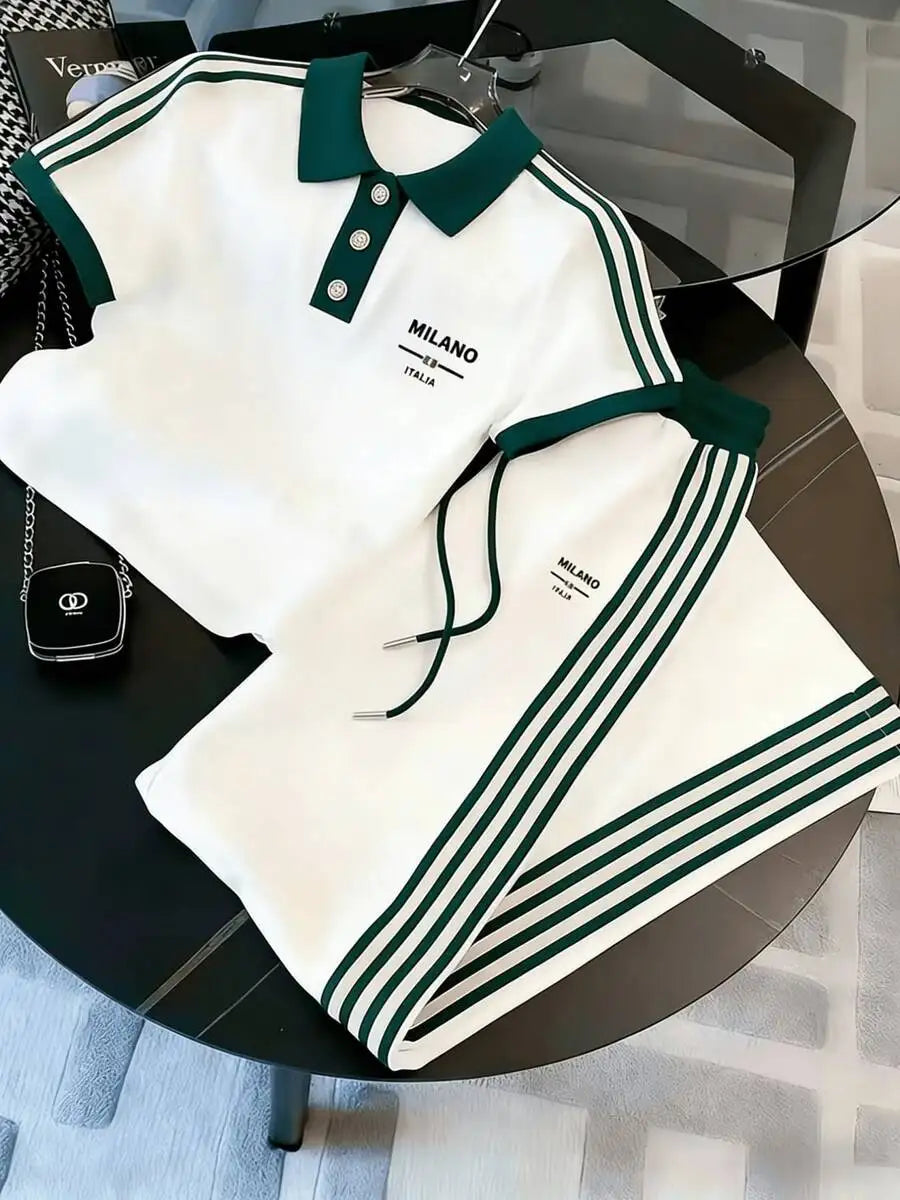 Mens Striped Polo Co-ords Set Casual Knit Cuban Collar Ensemble