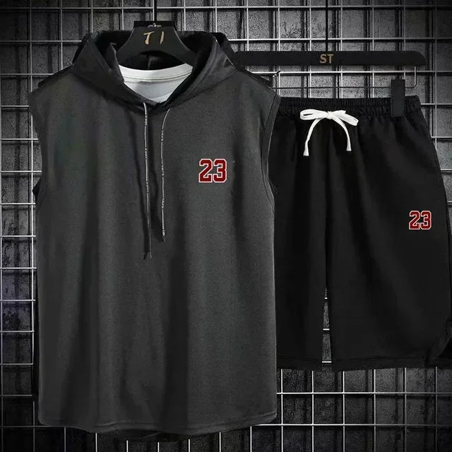 Summer Mens Sleeveless Hooded T Shirt And Shorts Set