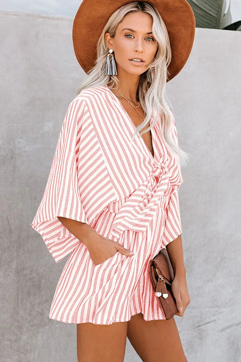 Women Striped Jumpsuit With Deep V Neck And Flared Sleeves